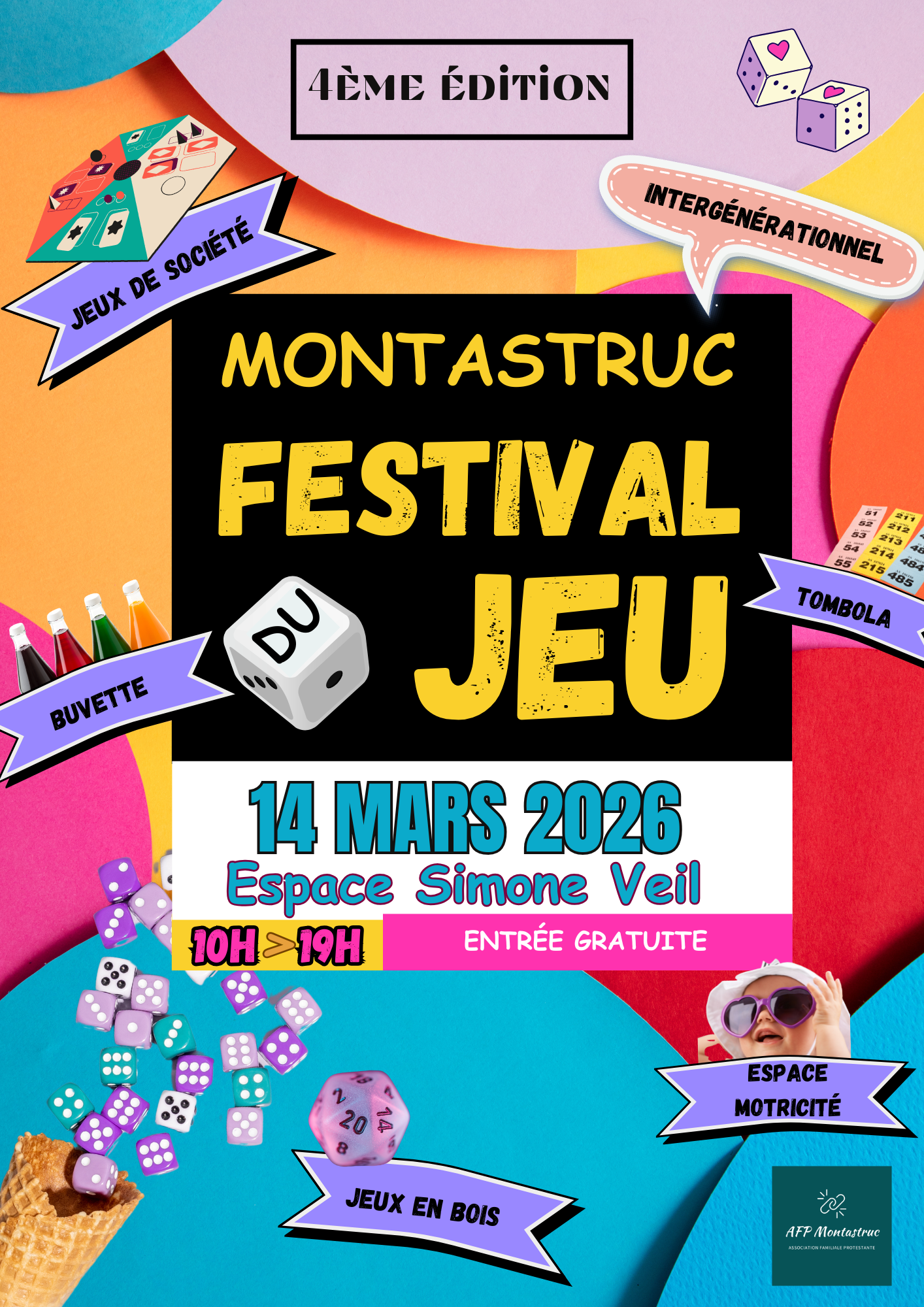 Affiche aux multiples couleurs (rouge, bleu, jaune, rose...), avec plusieurs illustrations de jeux (dès, tombolas...). Ensemble d'éléments écrits reprenant l'ensemble des informations sur le festival du jeu !